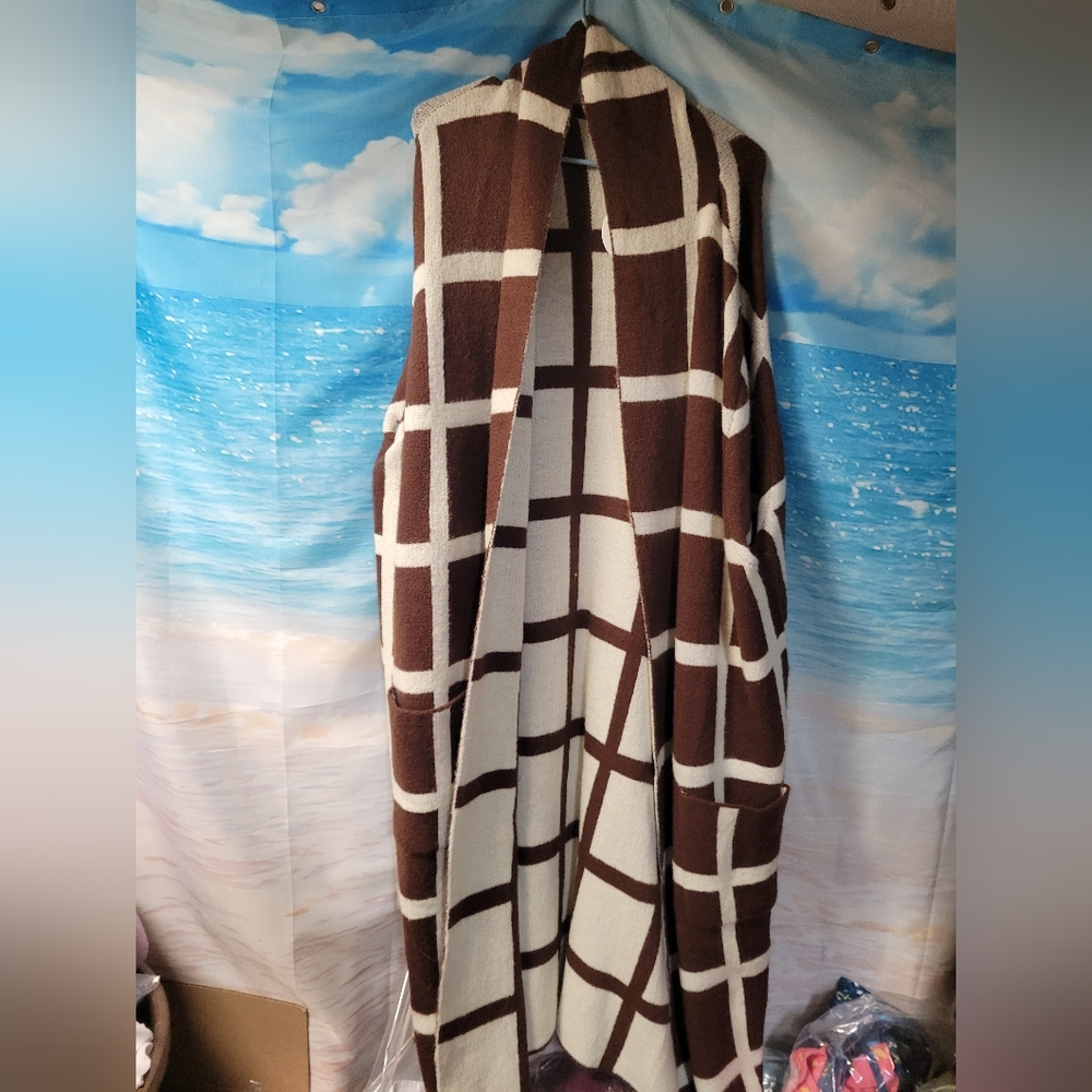 Lost + Wander NWT Brown & White Square Pattern Long Cardigan Sweater Size 3X